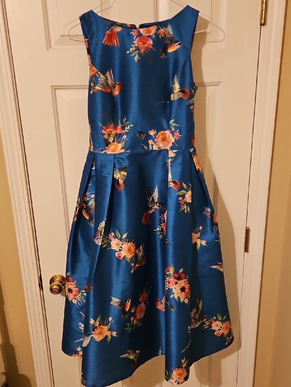 eshakti Blue Floral Satin Fit-and-Flare Party Dress